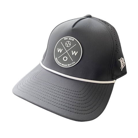 Walkoff Wood Bat Co. - Curved Bill 5-Panel Rope Black Hat with Rubber Circle Logo Patch